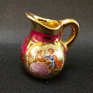 Vintage Limoges France Pitcher Gold Trim Handle Miniature 1" Courting Scene